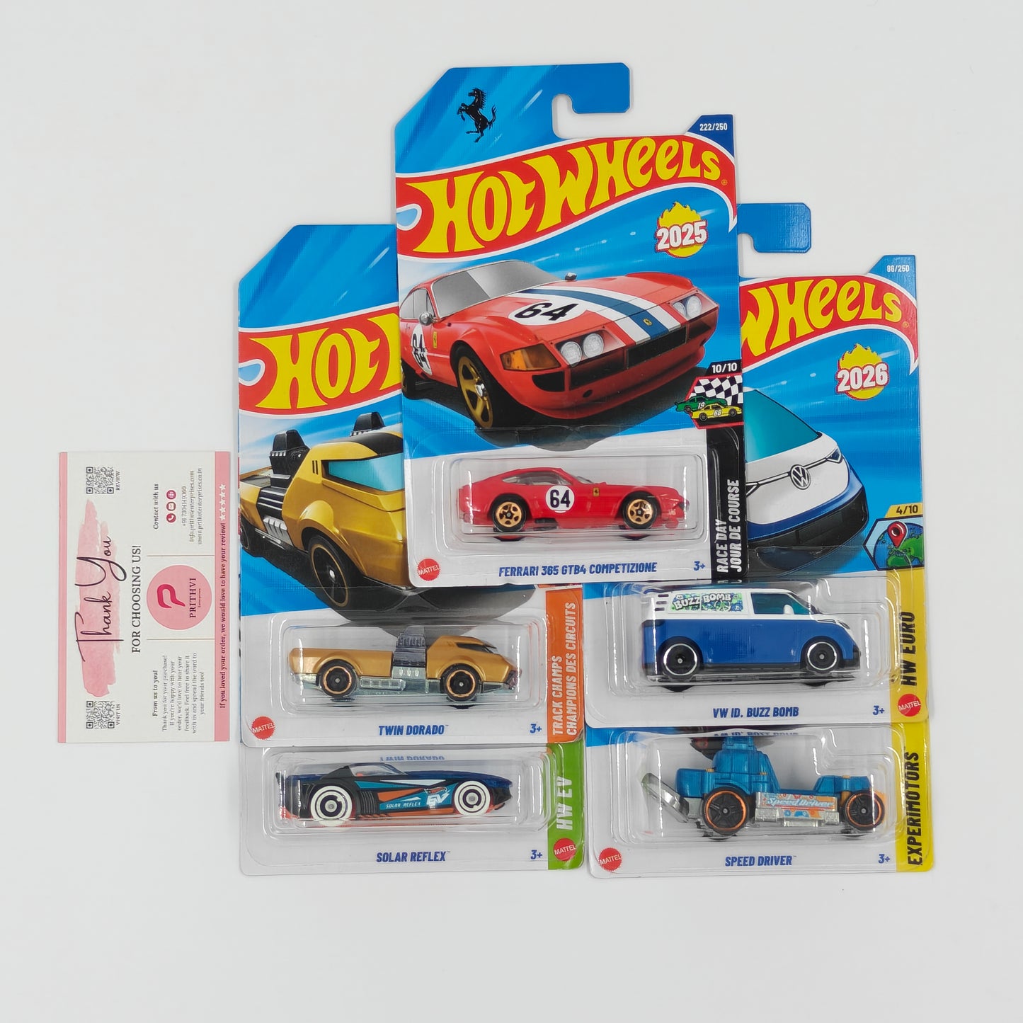Ferrari 365 GTB4, Twin Dorado, Solar Reflex, VW ID Buzz Bomb & Speed Driver by Mattel - Hot Wheels 5-Car Bundle