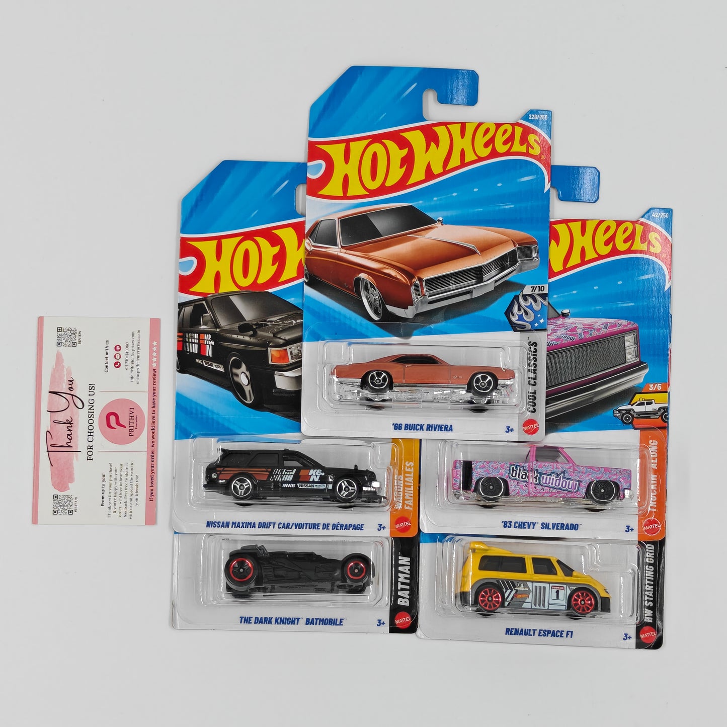 '66 Buick Riviera, Nissan Maxima Drift Car / Voiture de Dérapage, The Dark Knight Batmobile, '83 Chevy Silverado & Renault Espace F1 by Mattel – Hot Wheels Bundle