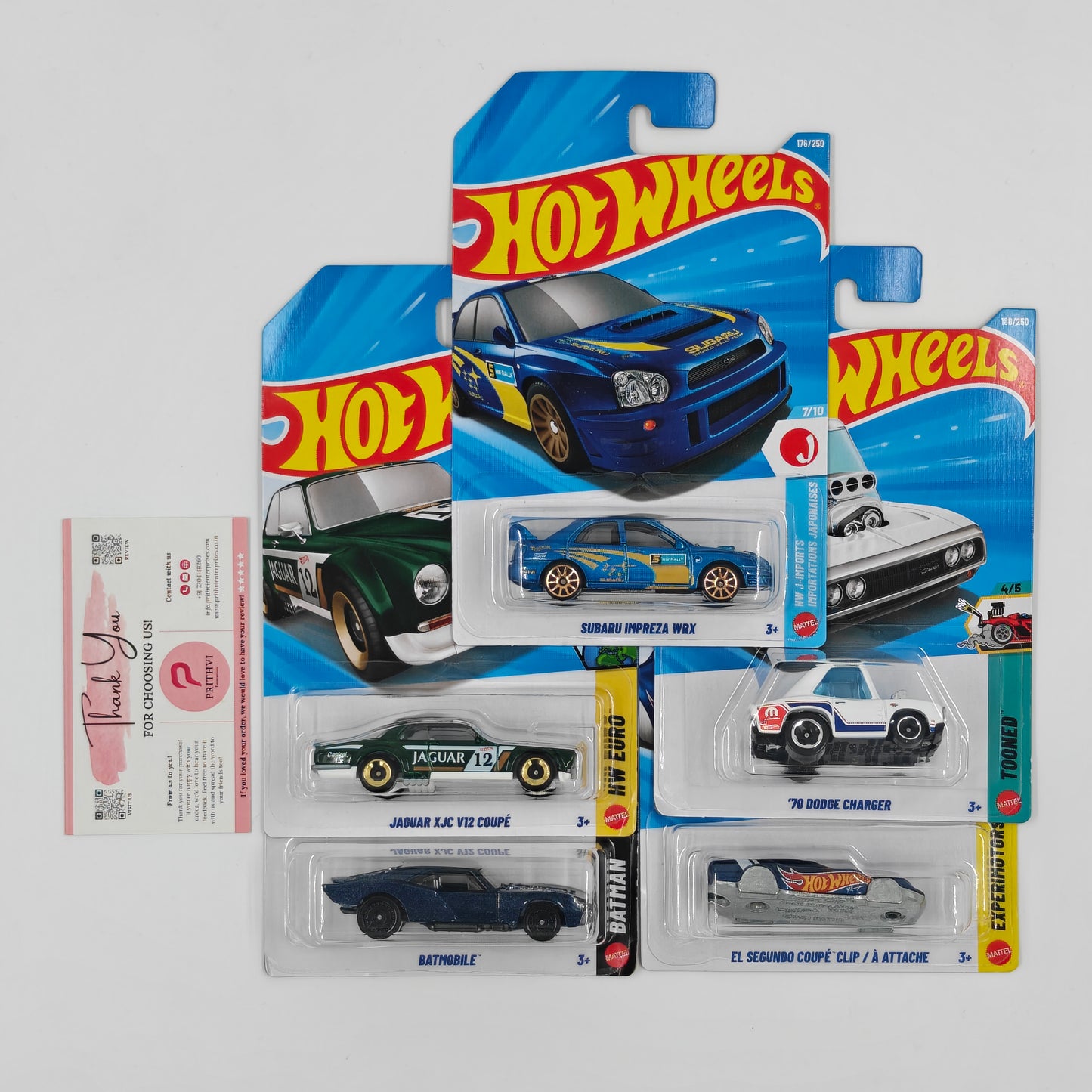 Subaru Impreza WRX, Jaguar XJC V12 Coupe, Batmobile, '70 Dodge Charger & El Segundo Coupe Clip by Mattel – Hot Wheels 5-Car Bundle