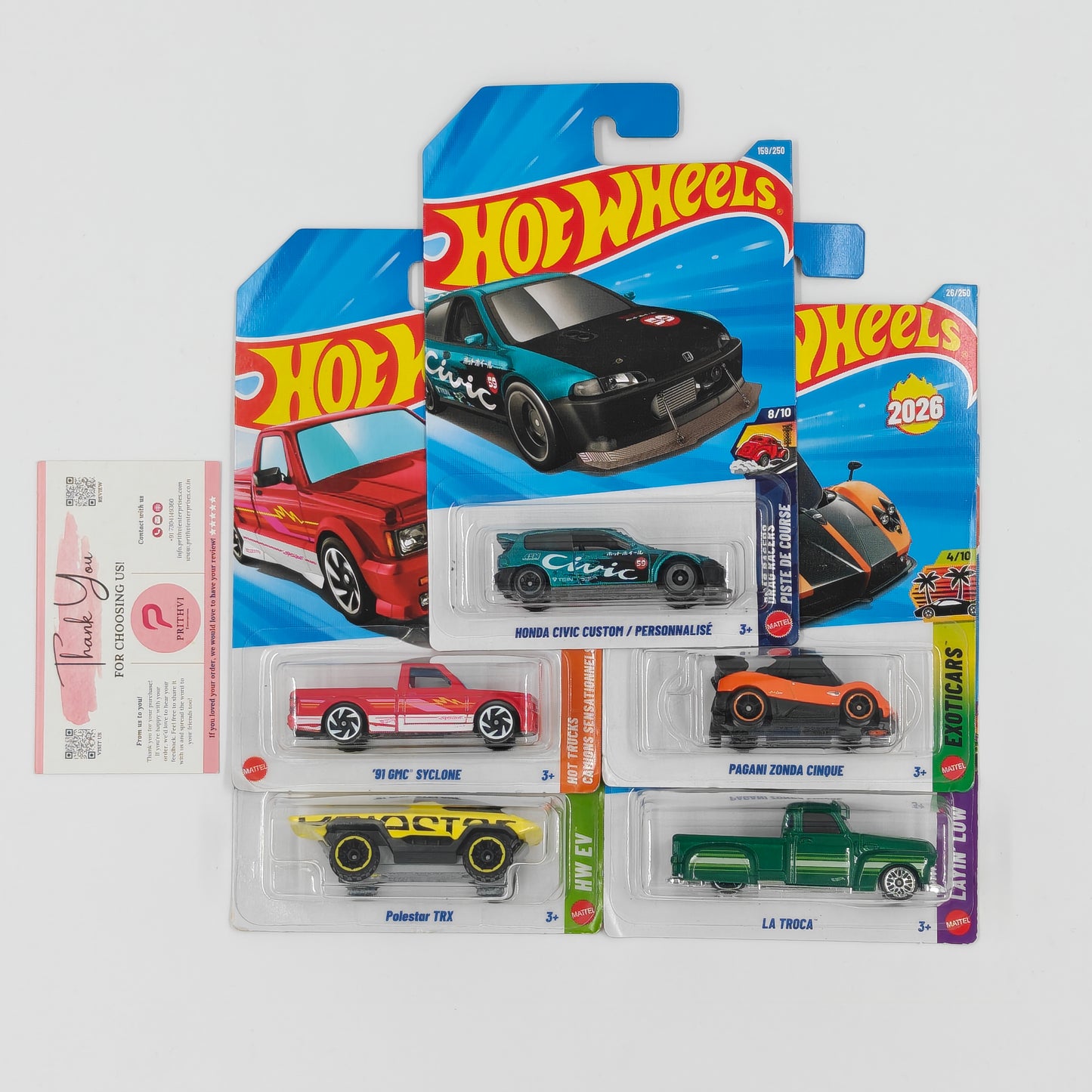 Honda Civic Custom, Pagani Zonda Cinque, '91 GMC Syclone, Polestar TRX & La Troca by Mattel – Hot Wheels 5-Car Bundle