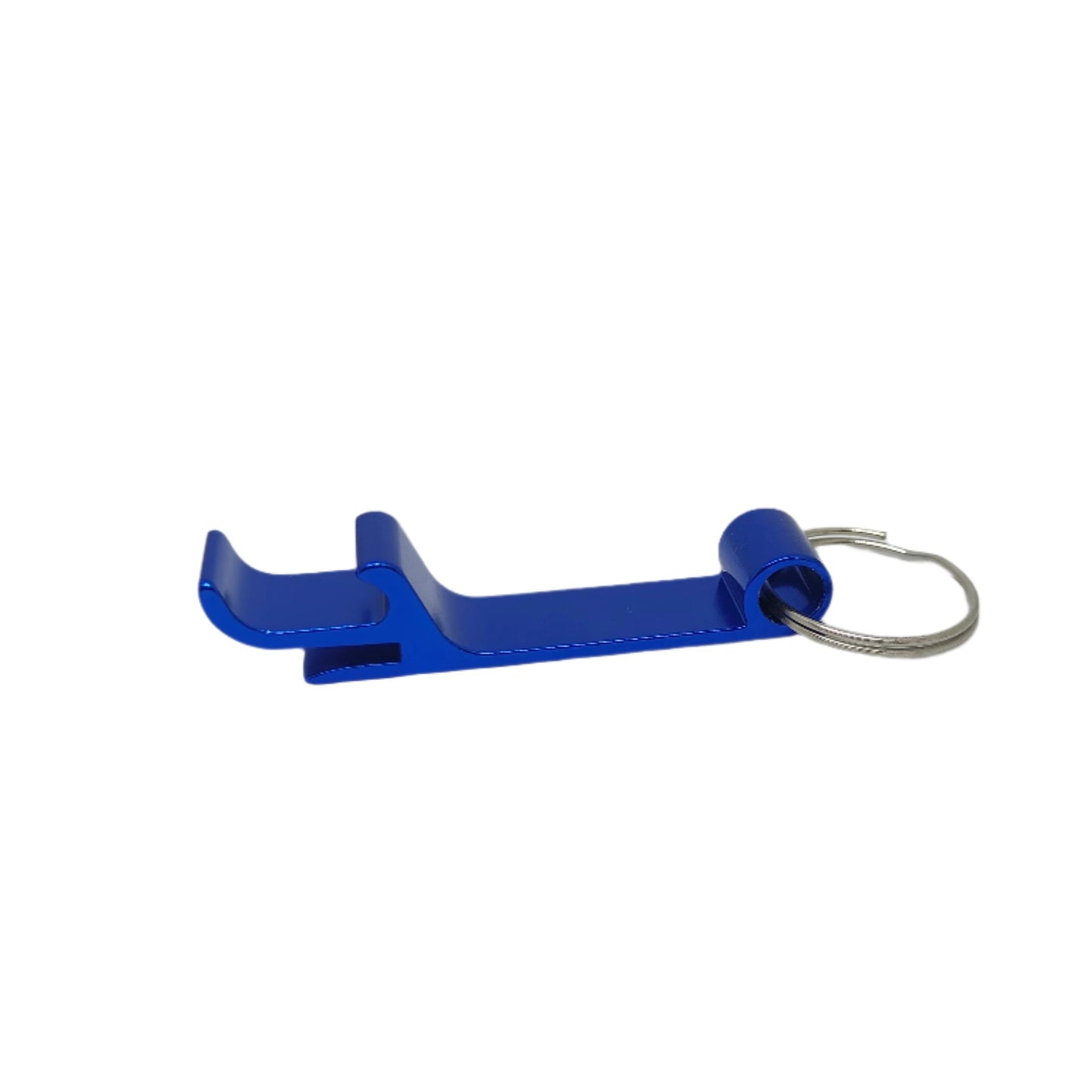 Blue bottle opener with a key ring on a white background