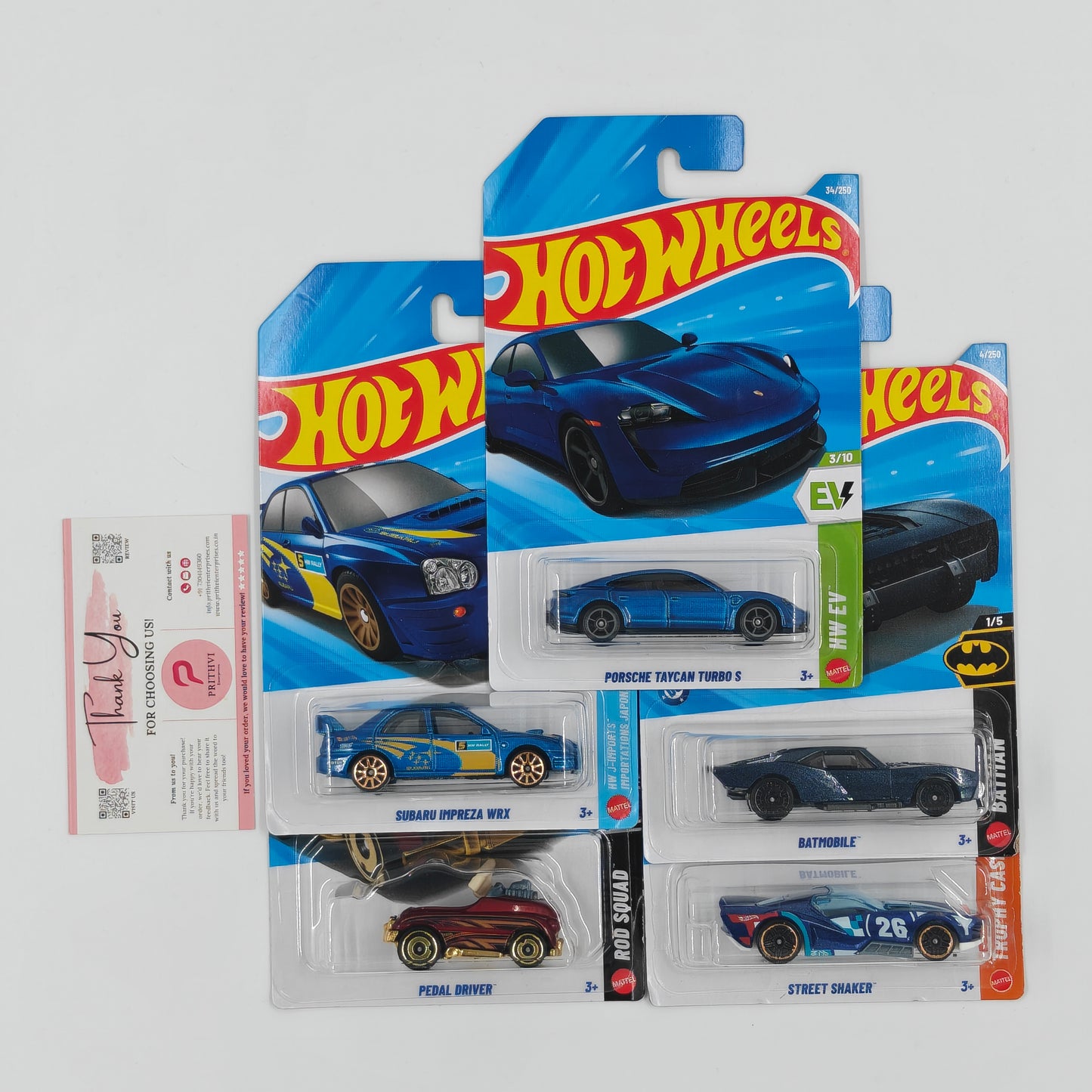 Porsche Taycan Turbo S, Subaru Impreza WRX, Batmobile, Pedal Driver & Street Shaker by Mattel – Hot Wheels 5-Car Bundle