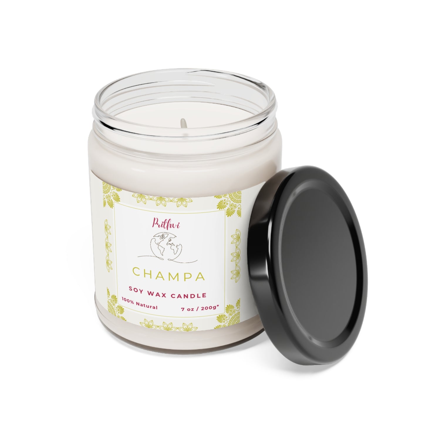 Prithvi Handmade Soy Wax Candle with "Champa" Fragrance (200g/7oz, 40 Hours Burn Time)