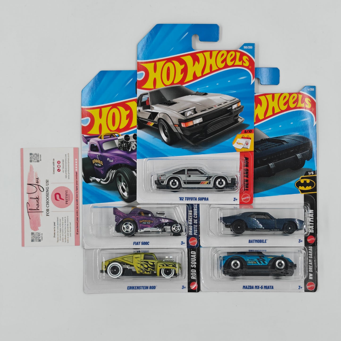 '82 Toyota Supra, Batmobile, Fiat 500C, Erikenstein Rod & Mazda MX-5 Miata by Mattel – Hot Wheels 5-Car Bundle