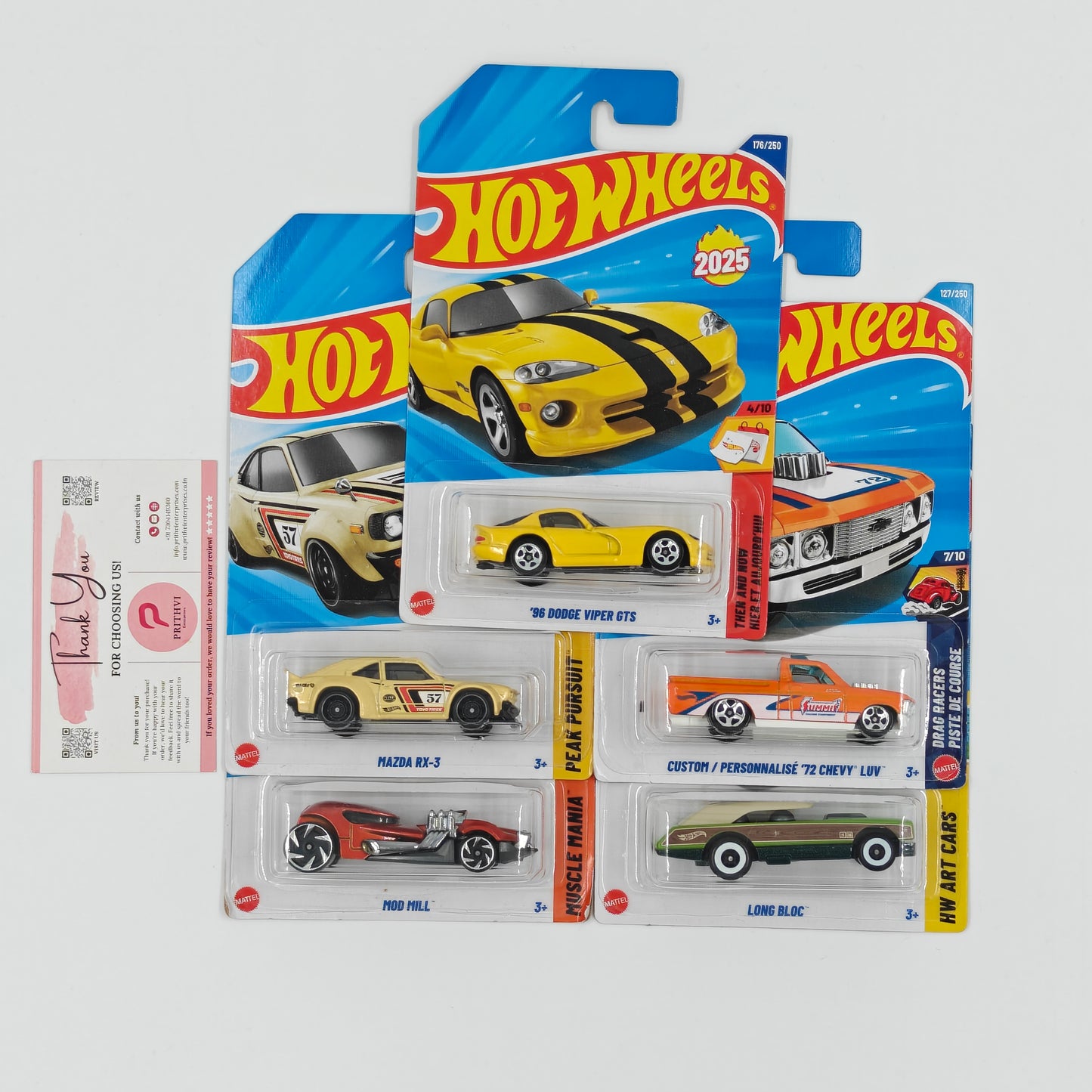 '96 Dodge Viper GTS, Mazda RX-3, Mod Mill, Custom '72 Chevy Luv & Long Bloc by Mattel – Hot Wheels 5-Car Bundle