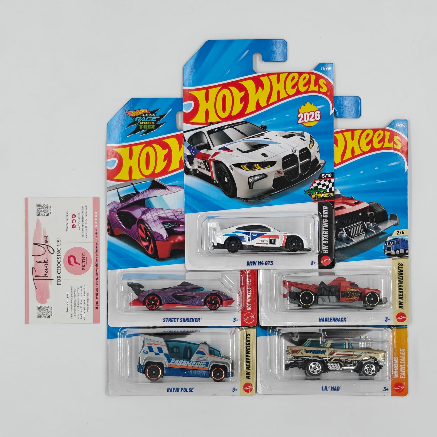 BMW M4 GT3, Street Shrieker, Rapid Pulse, Haulerback & Lil' Mad by Mattel – Hot Wheels 5-Car Bundle