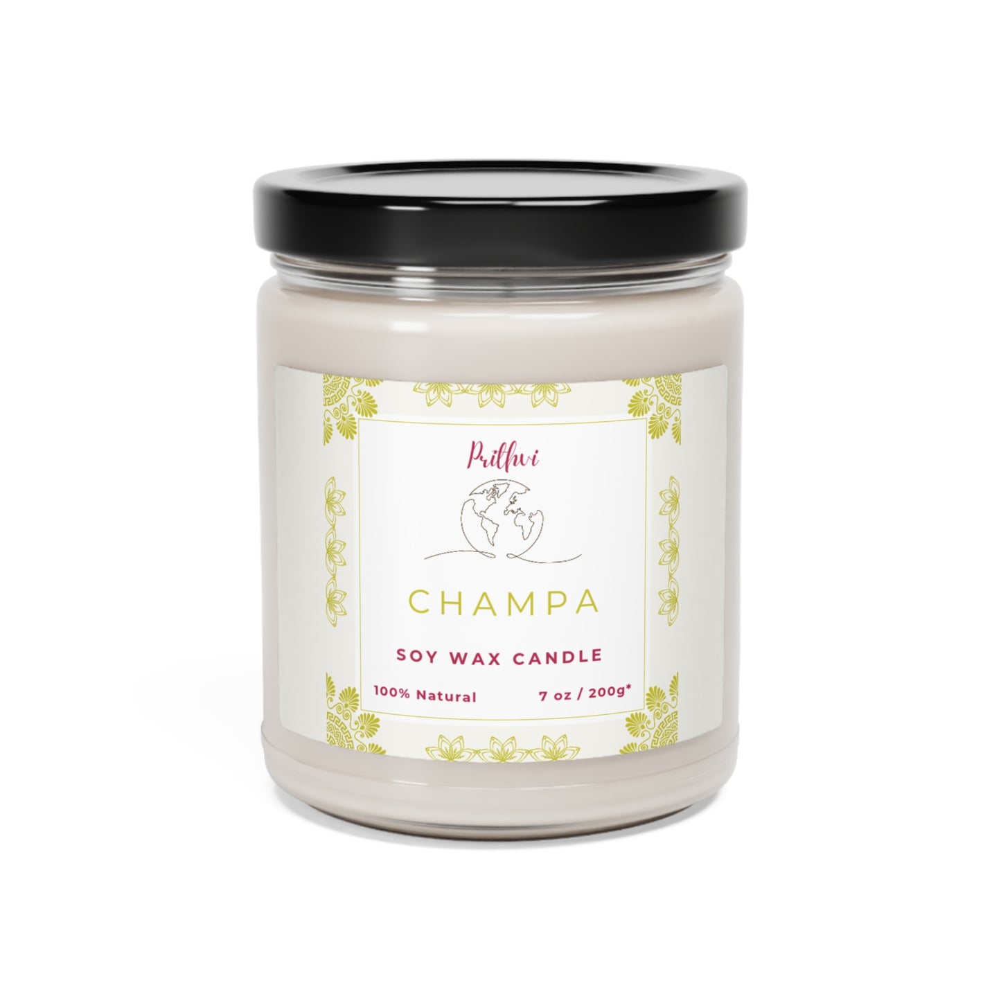 Prithvi Handmade Soy Wax Candle with "Champa" Fragrance (200g/7oz, 40 Hours Burn Time)