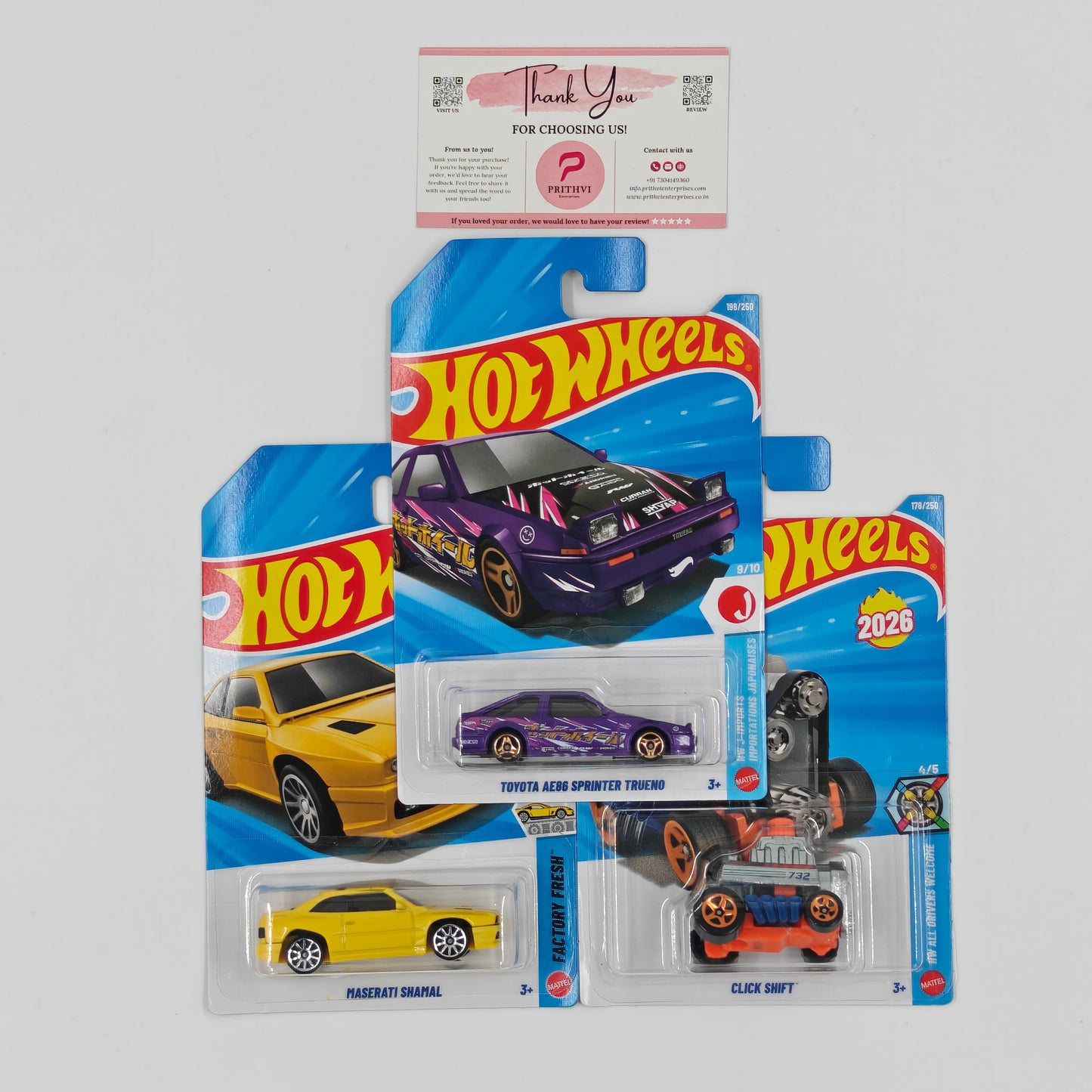 Toyota AE86 Sprinter Trueno, Maserati Shamal & Click Shift by Mattel – Hot Wheels Bundle