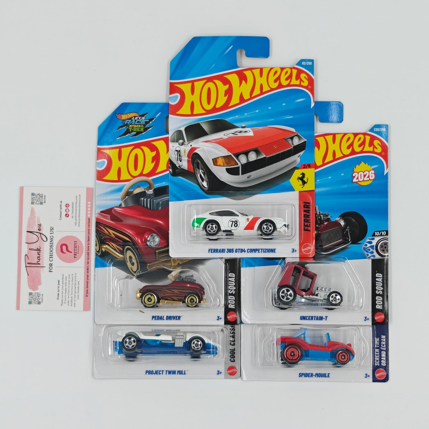 Ferrari 365 GTB4 Competizione, Pedal Driver, Project Twin Mill, Uncertain-T & Spider-Mobile by Mattel – Hot Wheels Bundle