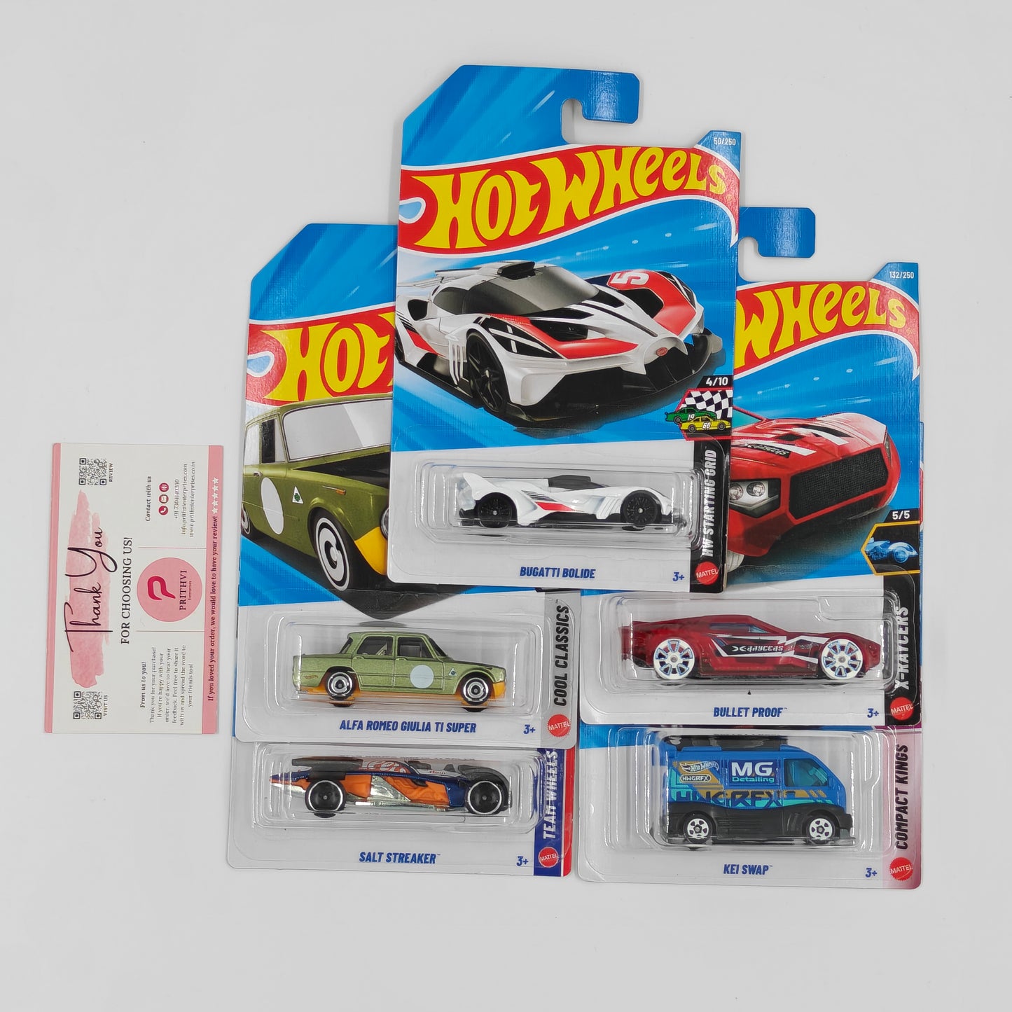 Bugatti Bolide, Alfa Romeo Giulia TI Super, Salt Streaker, Bullet Proof & Kei Swap by Mattel – Hot Wheels Bundle
