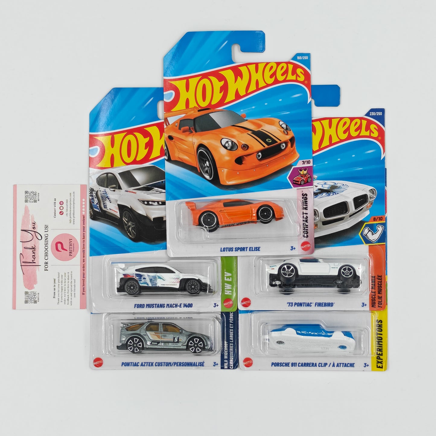 Lotus Sport Elise, '73 Pontiac Firebird, Ford Mustang Mach-E 1400, Pontiac Aztek Custom & Porsche 911 Carrera Clip by Mattel – Hot Wheels 5-Car Bundle