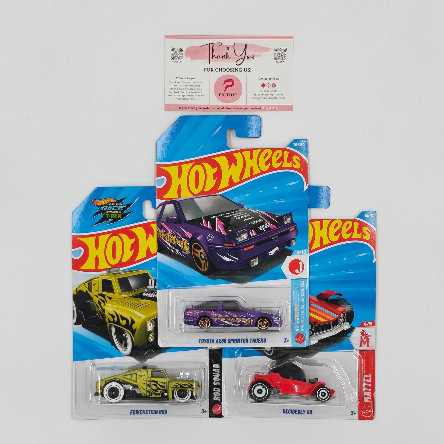 Toyota AE86 Sprinter Trueno, Erikenstein Rod & Decidedly Go by Mattel – Hot Wheels Bundle