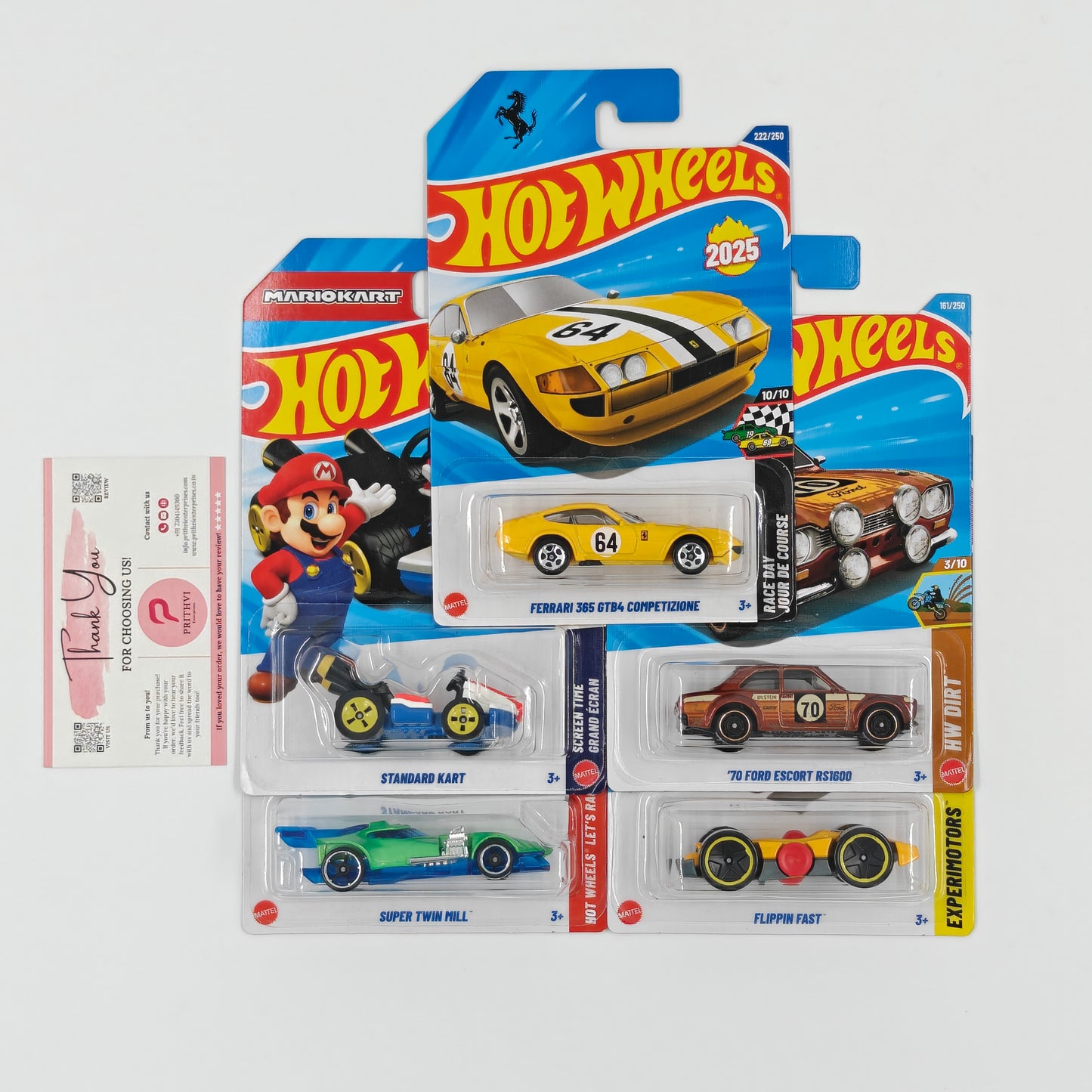 Ferrari 365 GTB4, Standard Kart, '70 Ford Escort RS1600, Super Twin Mill & Flippin Fast by Mattel - Hot Wheels 5-Car Bundle