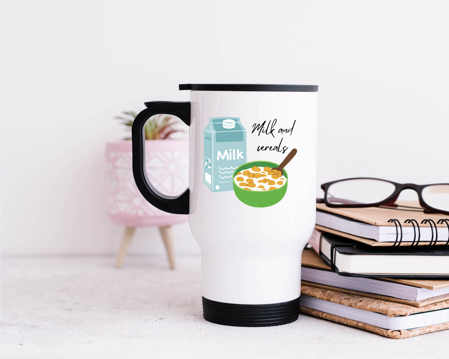Milk and Cereals: Printed Travel Mug