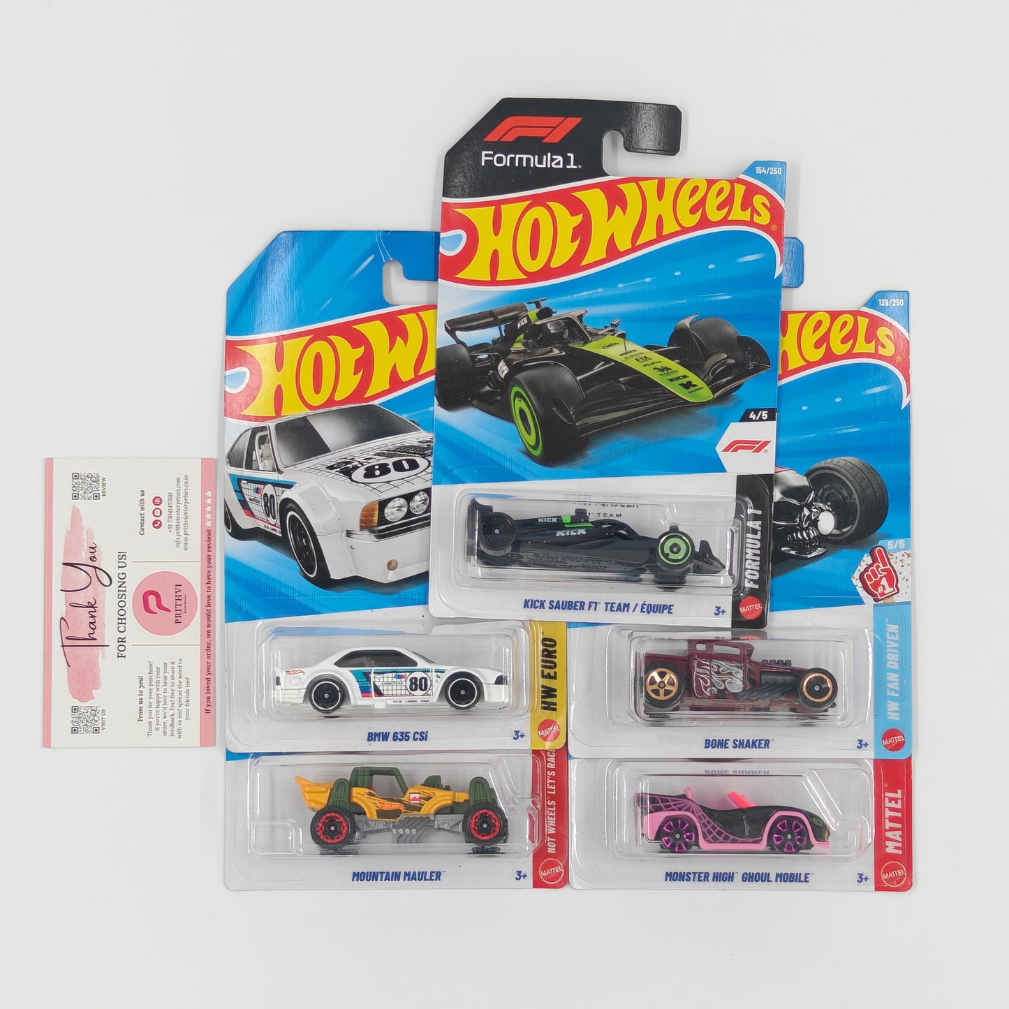 Kick Sauber F1 Team / Équipe, BMW 635 CSi, Bone Shaker, Mountain Mauler & Monster High Ghoul Mobile by Mattel – Hot Wheels Bundle