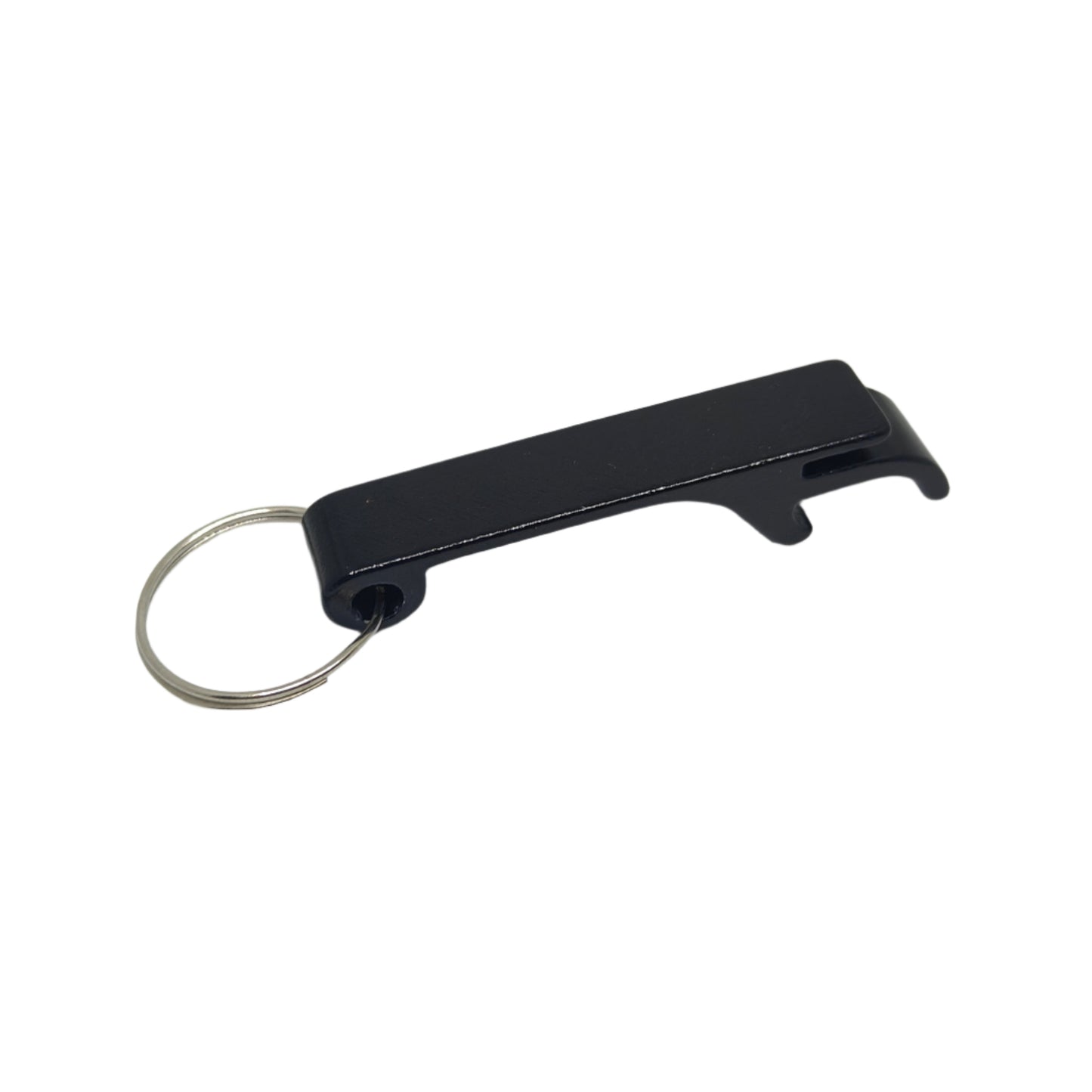 Black bottle opener with a key ring on a white background