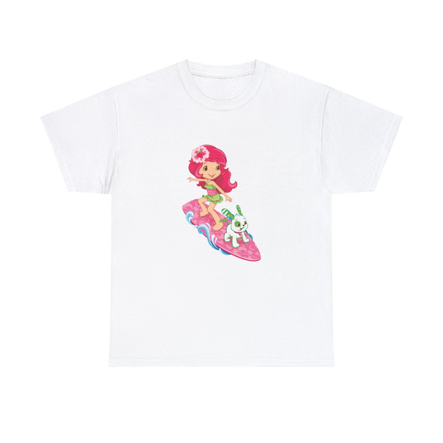 Strawberry Shortcake Surfing Printed T-shirt - White Round Neck Cotton