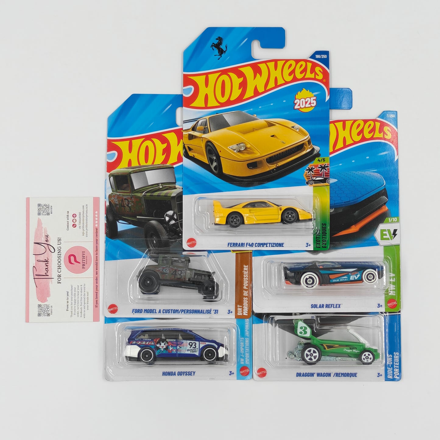 Ferrari F40, Ford Model A Custom '31, Honda Odyssey, Solar Reflex & Draggin' Wagon by Mattel - Hot Wheels 5-Car Bundle