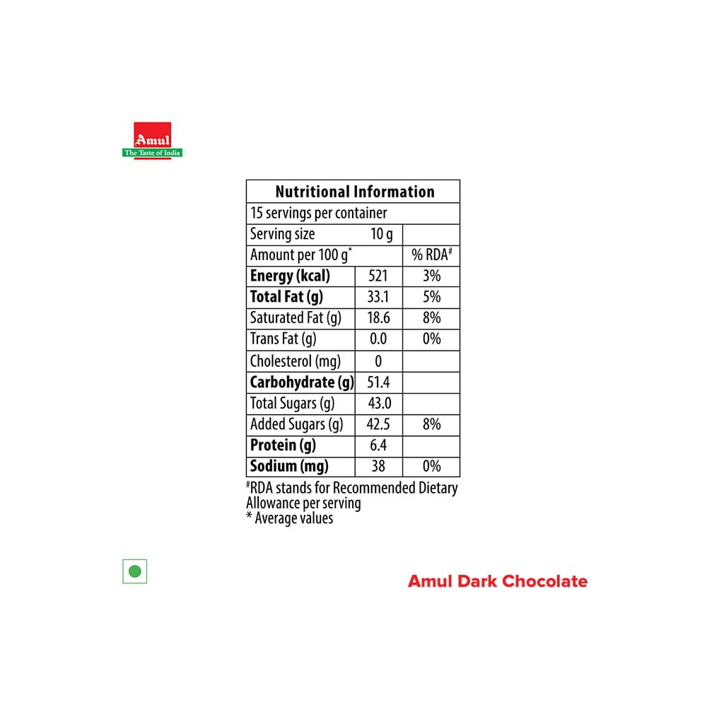 Amul 55% Cocoa Dark Chocolate Bar : 150 g
