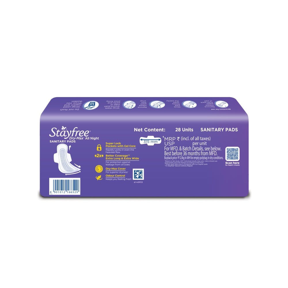 Stayfree Dry Max All Night Sanitary Pads (XL/XXL) : 28 units