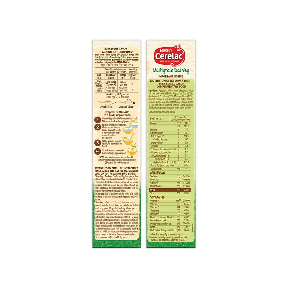 Nestle Cerelac With Milk, Multigrain Dal Veg Baby Cereal (From 12 to 24 Months) : 300 g