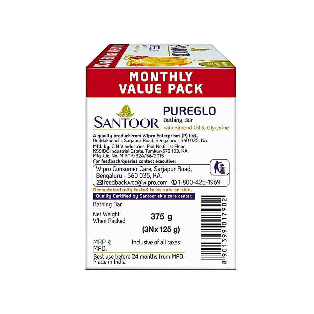 Santoor PureGlo Glycerine Soap - Buy 2 Get 1 Free : 3 x 125 g