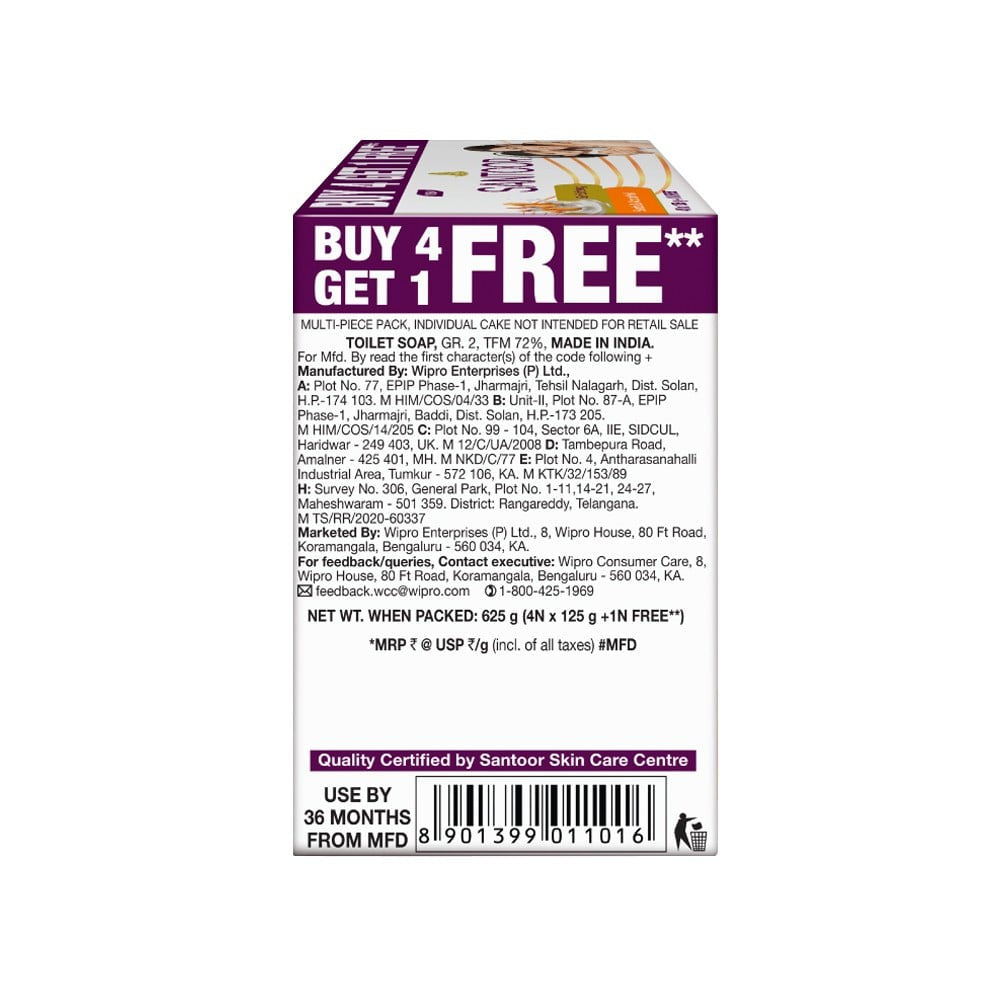 Santoor Skin Softening Sandal & Almond Milk Soap - Buy 4 Get 1 Free : 4 x 125 g + 125 g