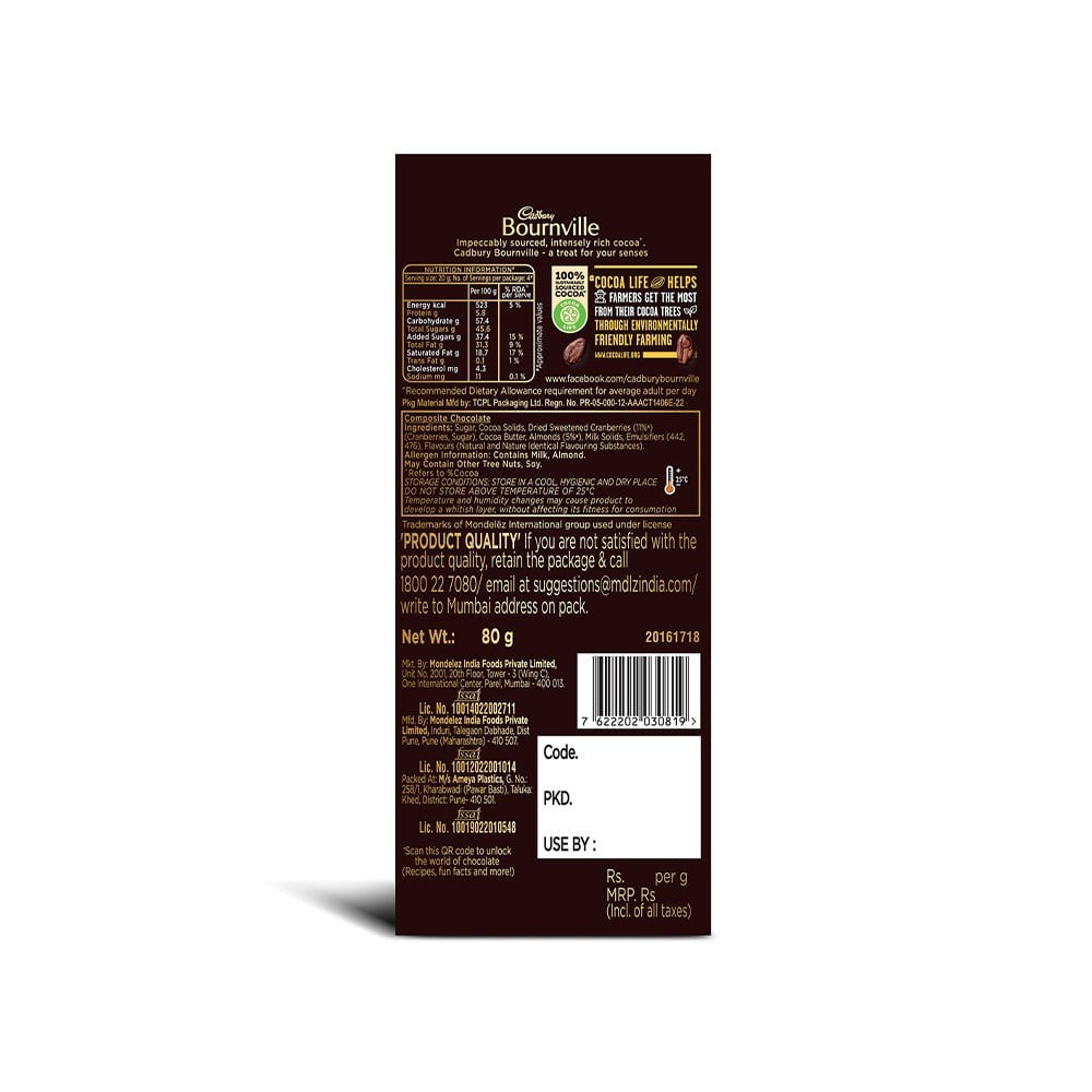 Cadbury Bournville Cranberry Flavoured Chocolate Bar - Pack of 2 : 2 x 80 g
