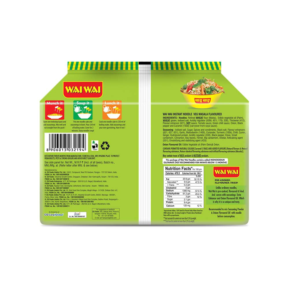 Wai Wai Ready To Eat Veg Masala Flavoured Noodles : 1 pack (6 pieces)