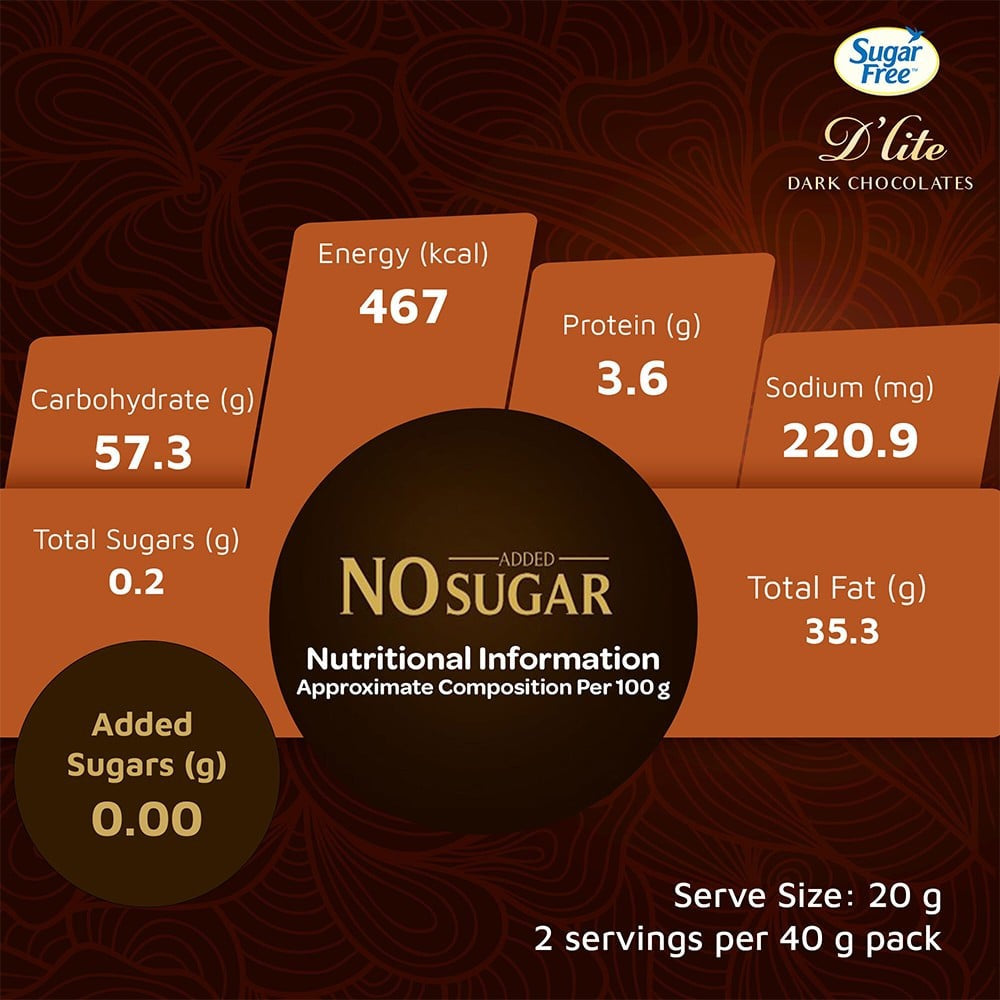 Sugar Free D'Lite Rich Cocoa Dark Chocolate Bar (Naturally Sweetened) : 40 g