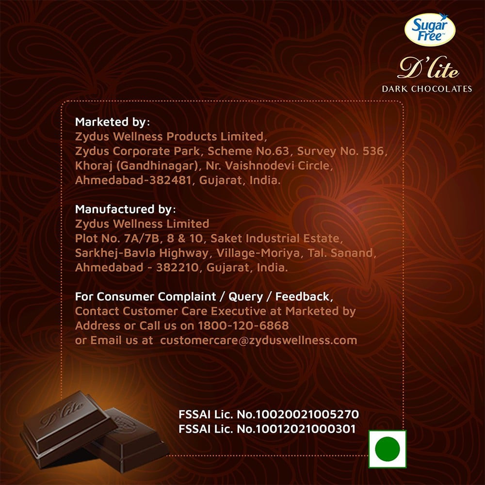 Sugar Free D'Lite Rich Cocoa Dark Chocolate Bar (Naturally Sweetened) : 40 g
