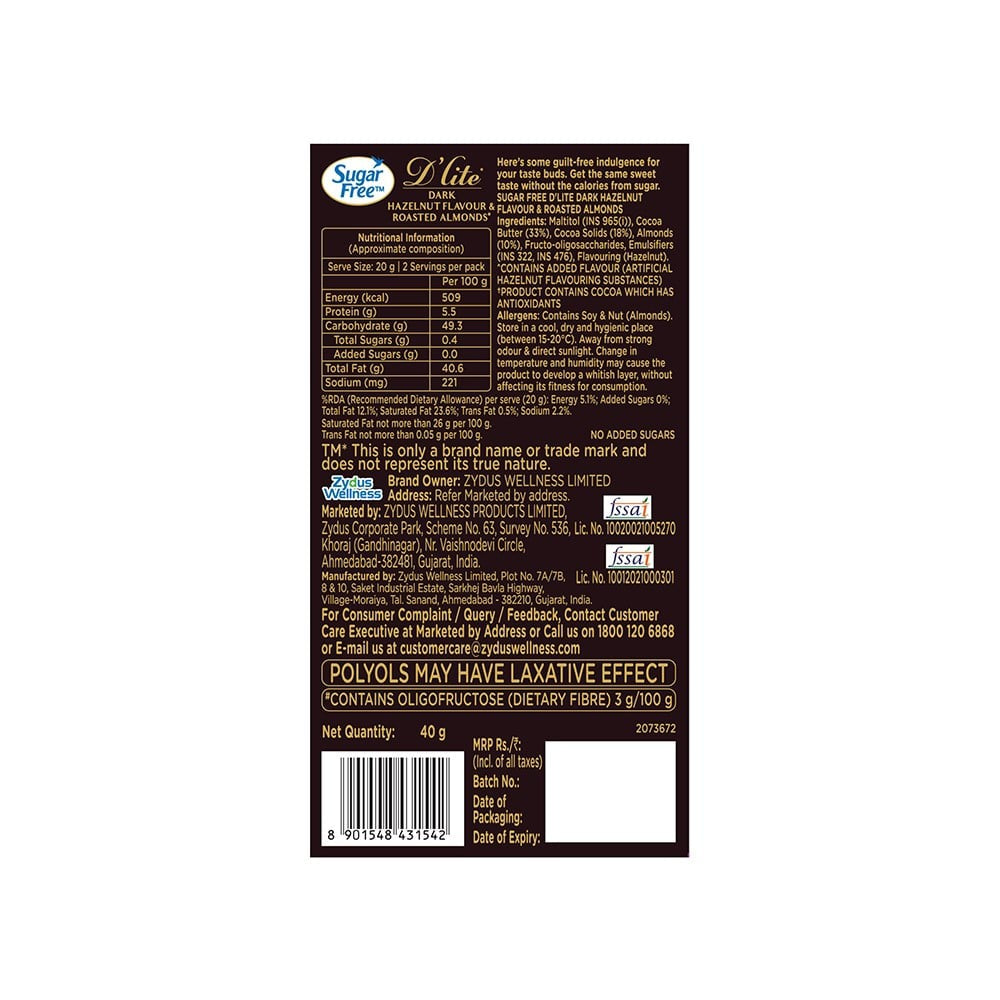 Sugar Free D'Lite Dark Chocolate Bar (Hazelnut & Roasted Almonds) : 40 g