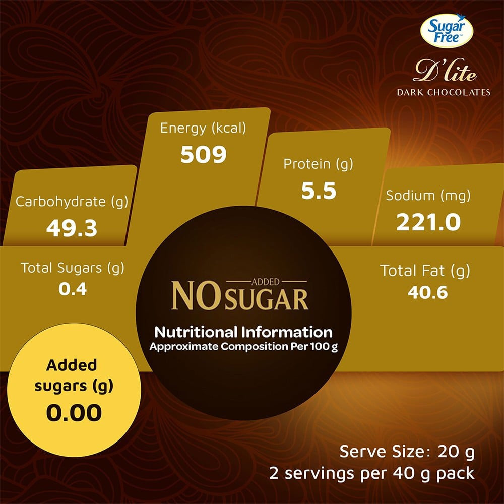 Sugar Free D'Lite Dark Chocolate Bar (Hazelnut & Roasted Almonds) : 40 g