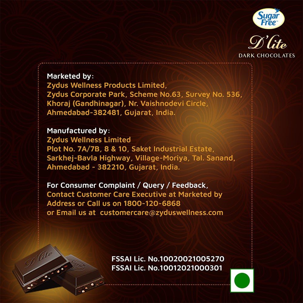 Sugar Free D'Lite Dark Chocolate Bar (Hazelnut & Roasted Almonds) : 40 g