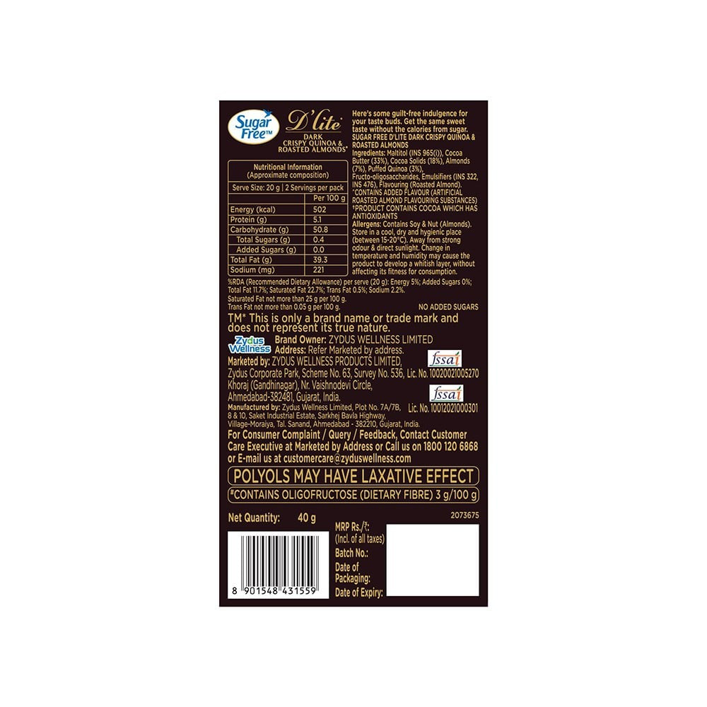 Sugar Free D'Lite Dark Chocolate Bar (Dark Crispy Quinoa & Roasted Almonds) : 40 g