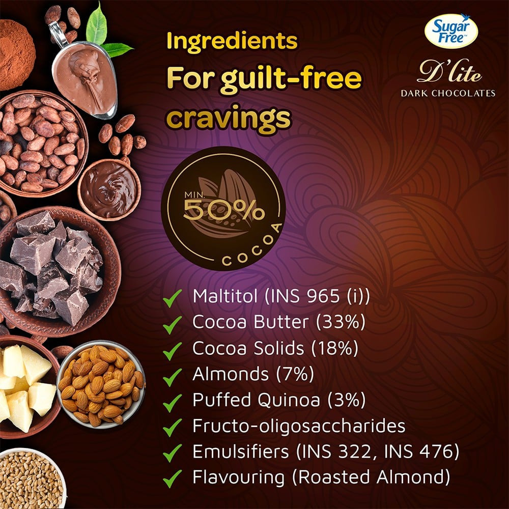 Sugar Free D'Lite Dark Chocolate Bar (Dark Crispy Quinoa & Roasted Almonds) : 40 g