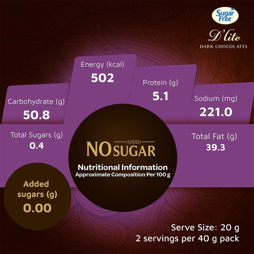 Sugar Free D'Lite Dark Chocolate Bar (Dark Crispy Quinoa & Roasted Almonds) : 40 g