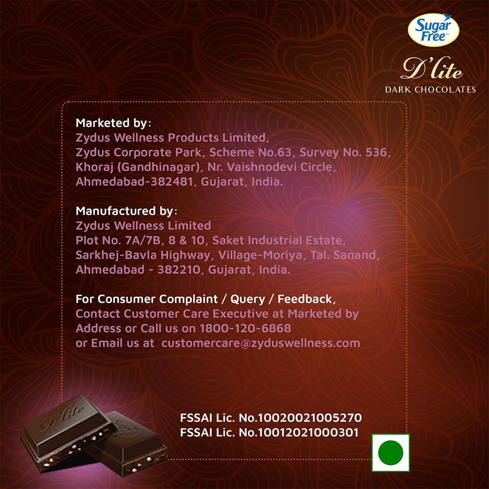 Sugar Free D'Lite Dark Chocolate Bar (Dark Crispy Quinoa & Roasted Almonds) : 40 g