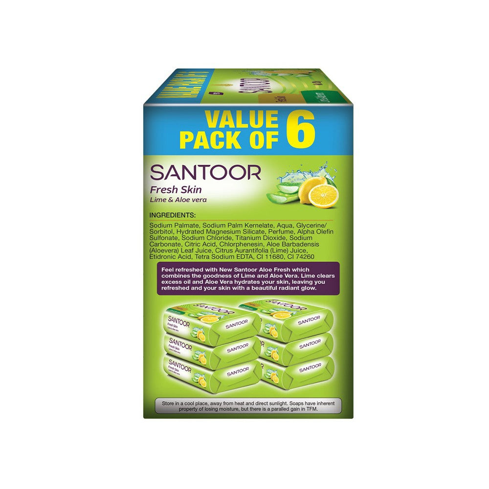 Santoor Fresh Skin Aloe Vera & Lime Soap - Pack of 6 : 6 x 125 g