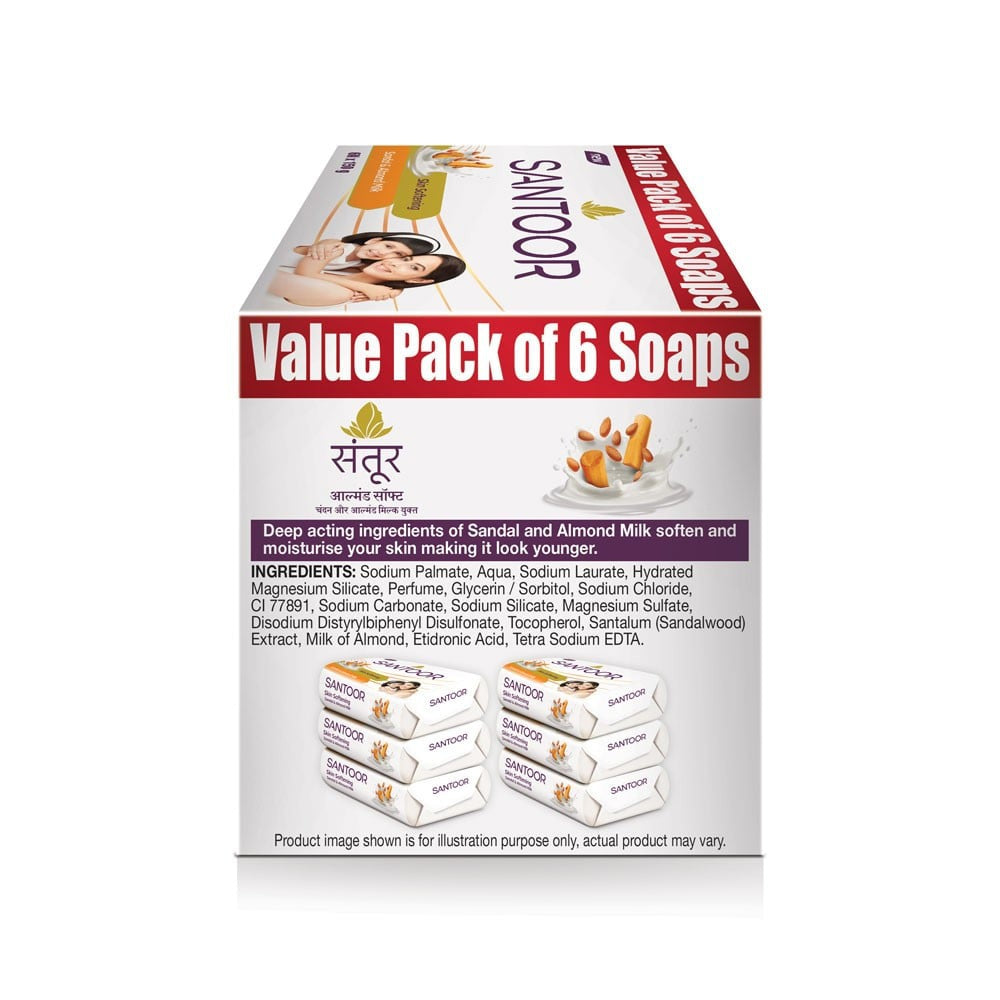 Santoor Skin Softening Soap (Sandal & Almond Milk) - Pack of 6 : 6 x 150 g