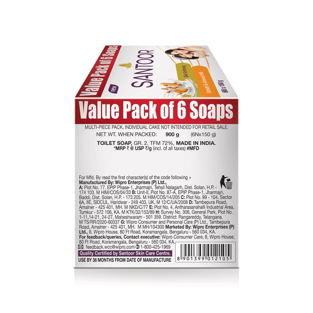 Santoor Skin Softening Soap (Sandal & Almond Milk) - Pack of 6 : 6 x 150 g