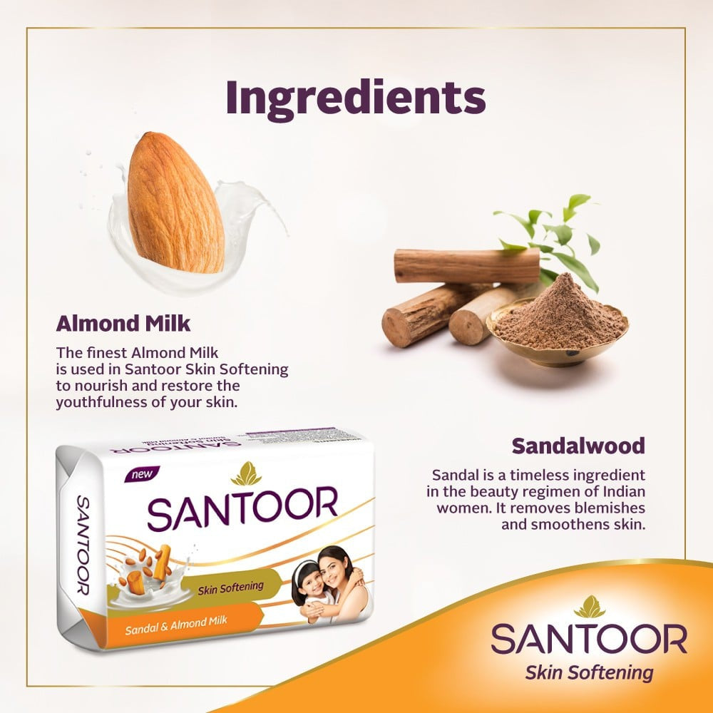 Santoor Skin Softening Soap (Sandal & Almond Milk) - Pack of 6 : 6 x 150 g