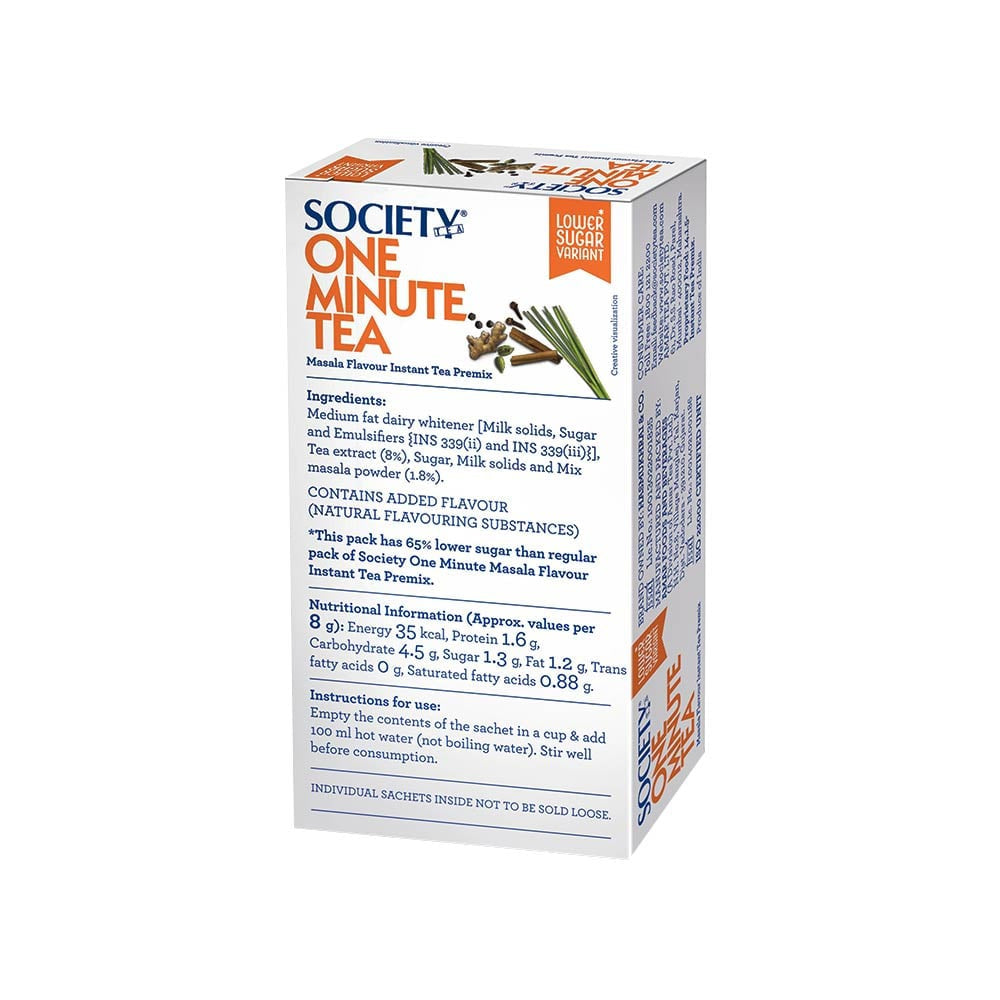 Society Low Sugar Masala Flavour One Minute Instant Tea Premix : 5 x 8 g