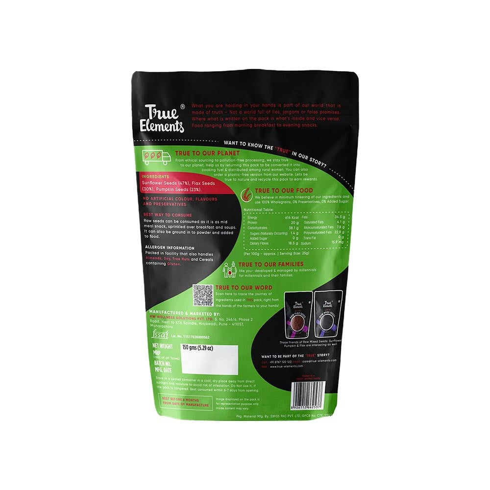 True Elements Raw Sunflower, Pumpkin and Flax Mix Seeds : 150 g