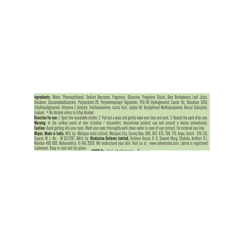Lakme 9To5 Naturale Aloe Cleansing Face Wipes : 25 pcs