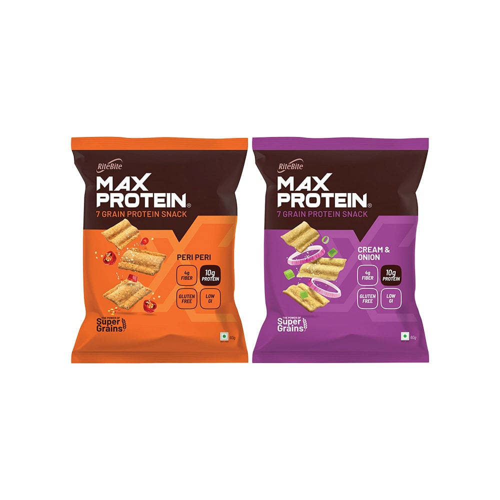 RiteBite Max Protein Cream & Onion Chips + Max Protein Peri Peri Chips Combo : 60 g + 60 g