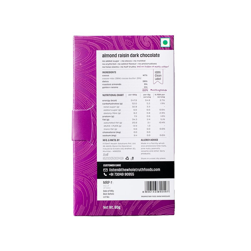 The Whole Truth Almond Raisin Dark Chocolate Bar (Cocoa 47%, Dates 38%, Almonds & Raisins 15%) : 80 g