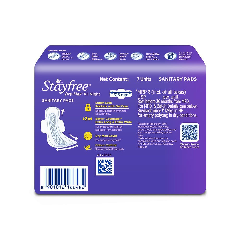 Stayfree Dry Max All Night Sanitary Pads (Extra Large Wings) - Pack of 2 : 2 x 7 units