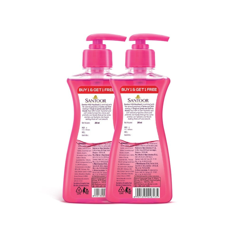 Santoor Mild Hand Wash Lotus & Tulsi - Buy 1 Get 1 Free : 200 ml + 200 ml