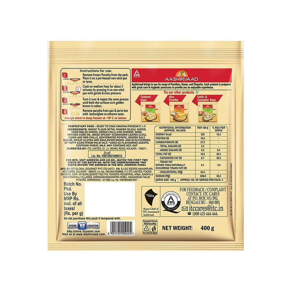 Aashirvaad Paneer Paratha (Heat & Eat) : 400 g (4 pieces)